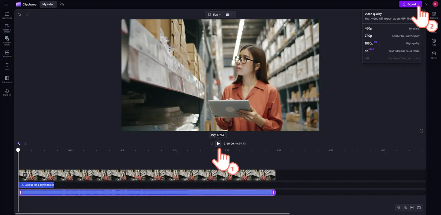 2048-9 Clipchamp'te sesi değiştirilmiş bir videoyu dışa aktaran bir kullanıcı.