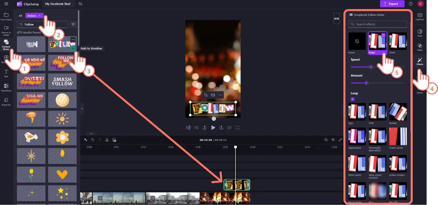 Clipchamp'da çıkartma ve çıkartma efekti ekleyen bir kullanıcı.