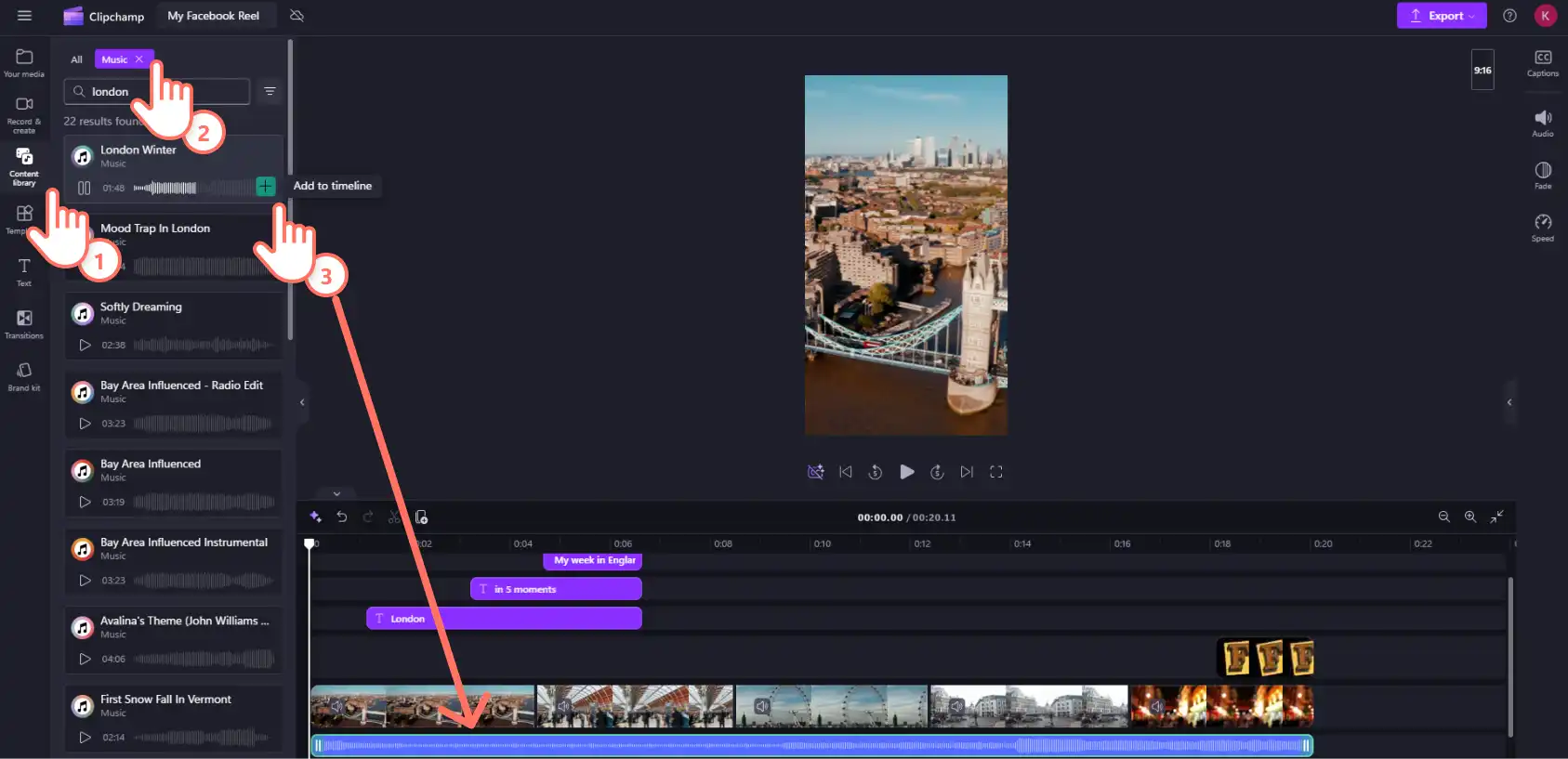 TClipchampClipchamp'de zaman çizelgesine arka plan müziği ekleyen bir kullanıcı.