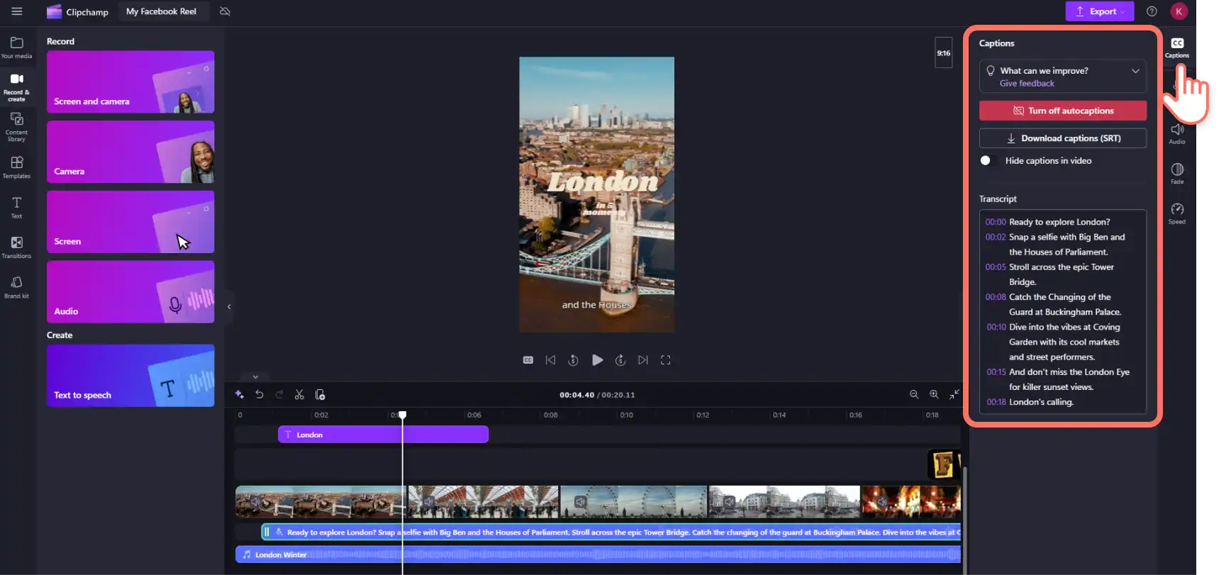 TClipchampClipchamp'de video için alt yazı oluşturan bir kullanıcı.