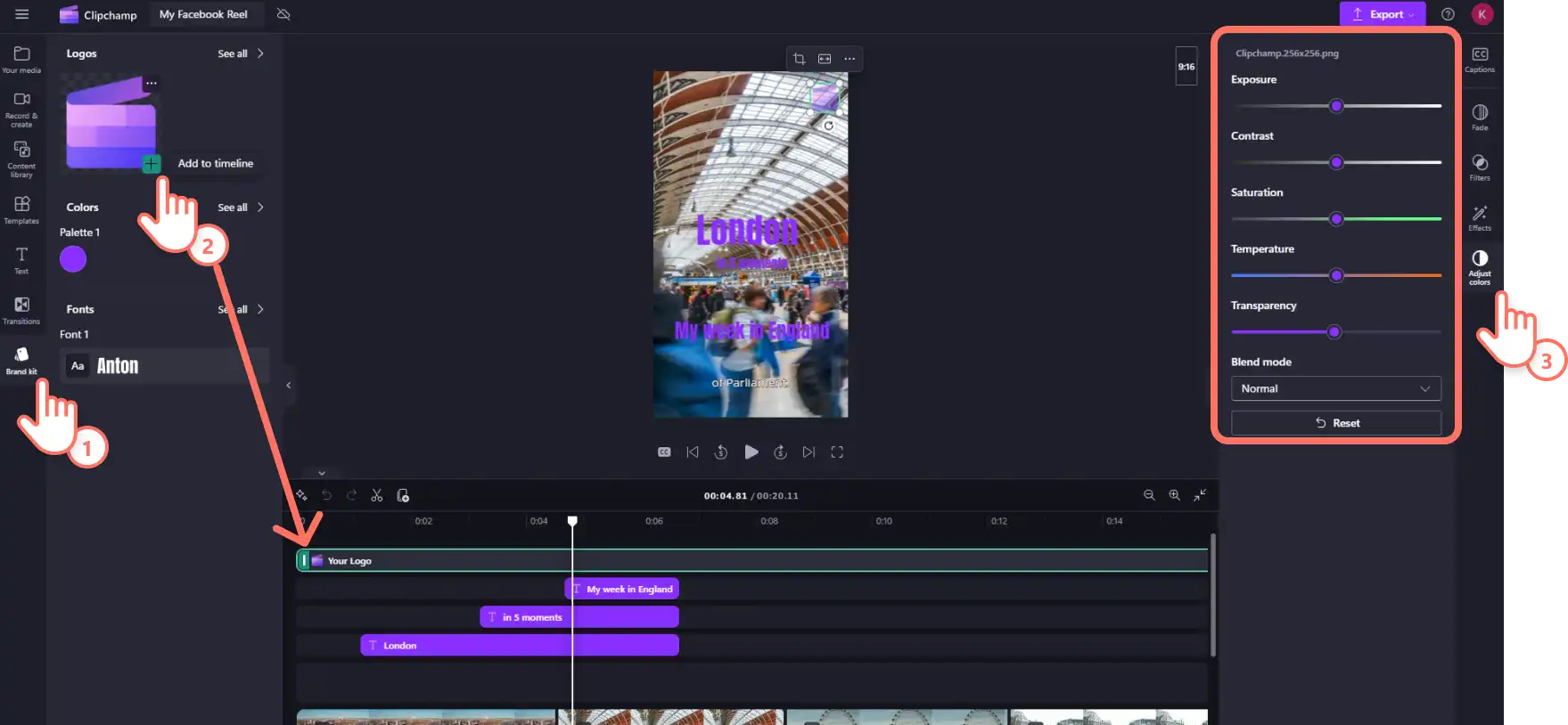 TClipchampClipchamp'de videoya markalama ekleyen bir kullanıcı.