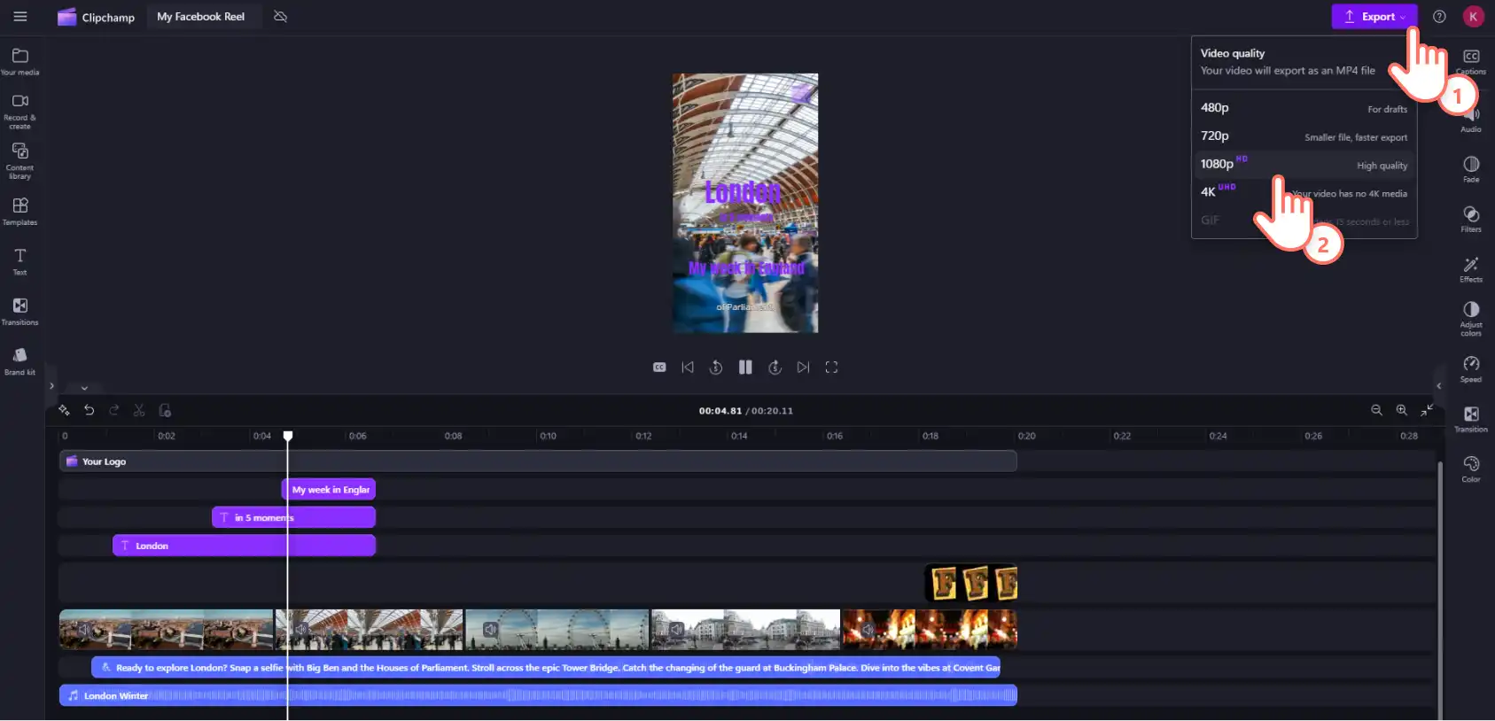 Clipchamp'te bir videoyu dışarı aktaran bir kullanıcı.