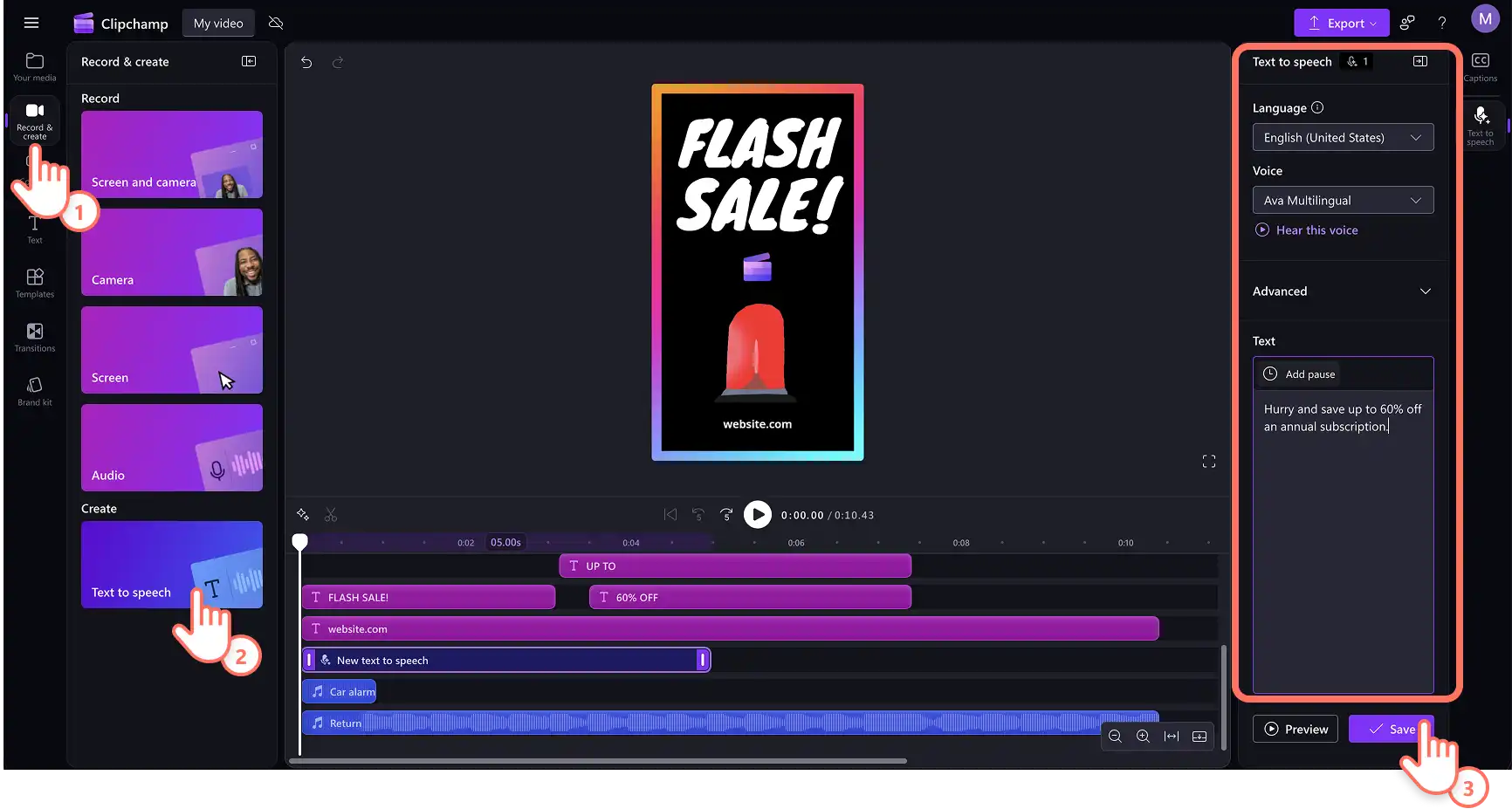 Bir ClipchampClipchamp kullanıcısı, FacebookFacebook Hikayesi videosu için yapay zeka ses oluşturma aracına metin giriyor.