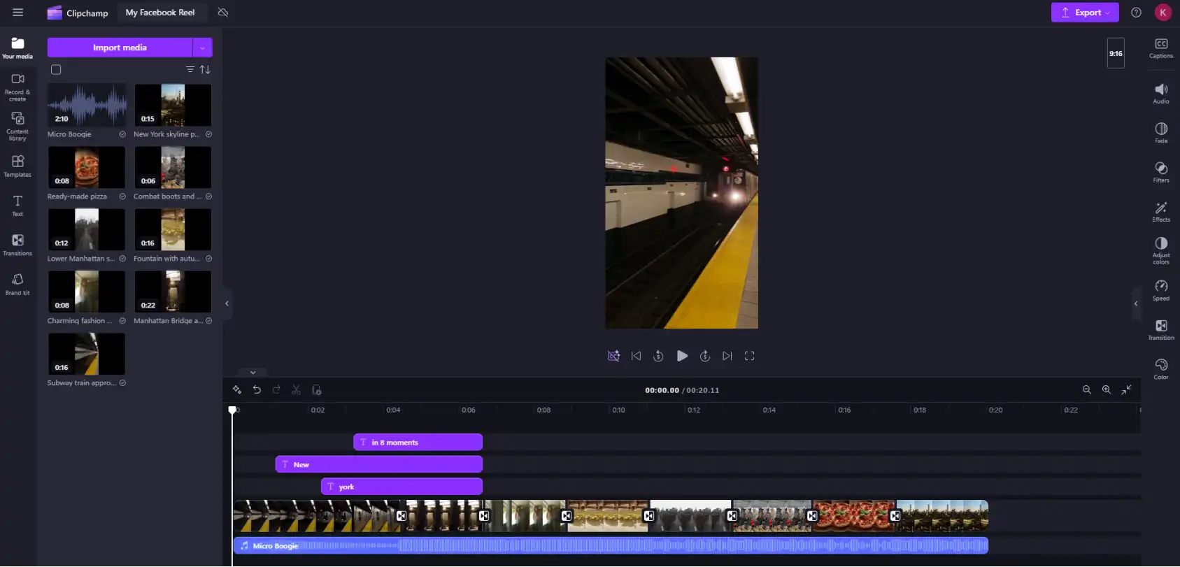 Clipchamp içinden şablon seçen bir kullanıcı.