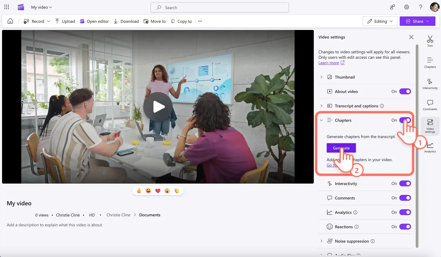 2048-55 Clipchamp'te bölümler açma/kapama tuşunu açan bir kullanıcı.