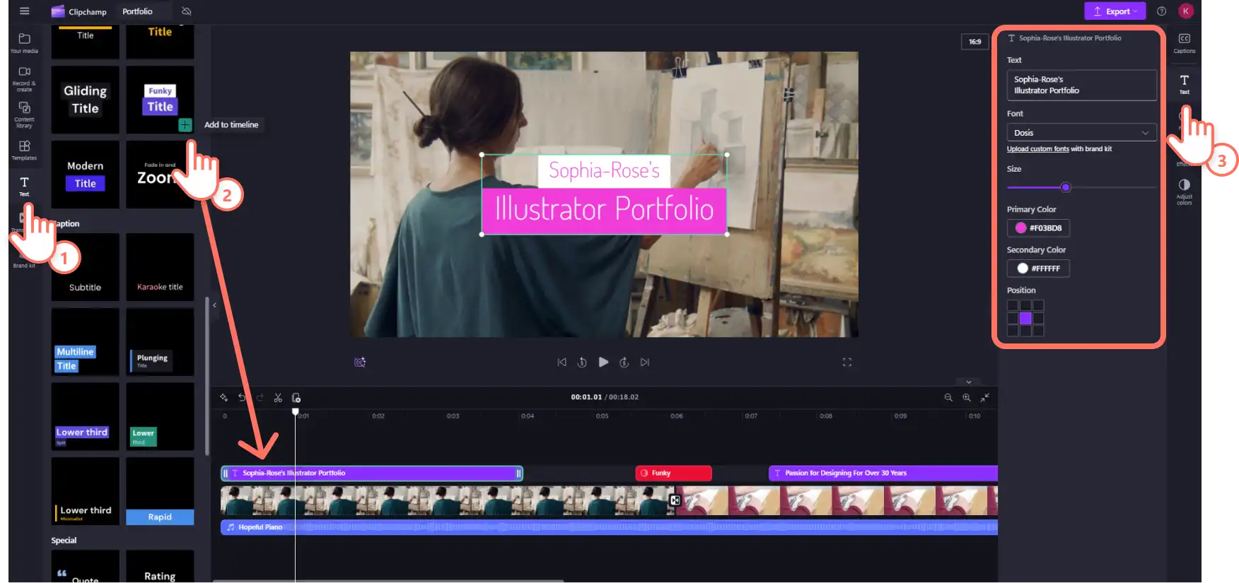 Video portföyüne bir animasyonlu metin başlığı ekleyen bir Clipchamp kullanıcısı.