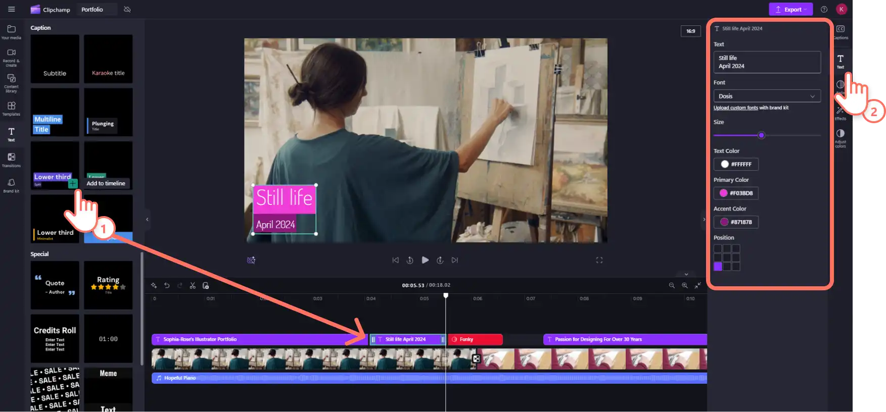 Video portföyüne alt üçte birlik kısımda grafik ekleyen bir Clipchamp kullanıcısı.