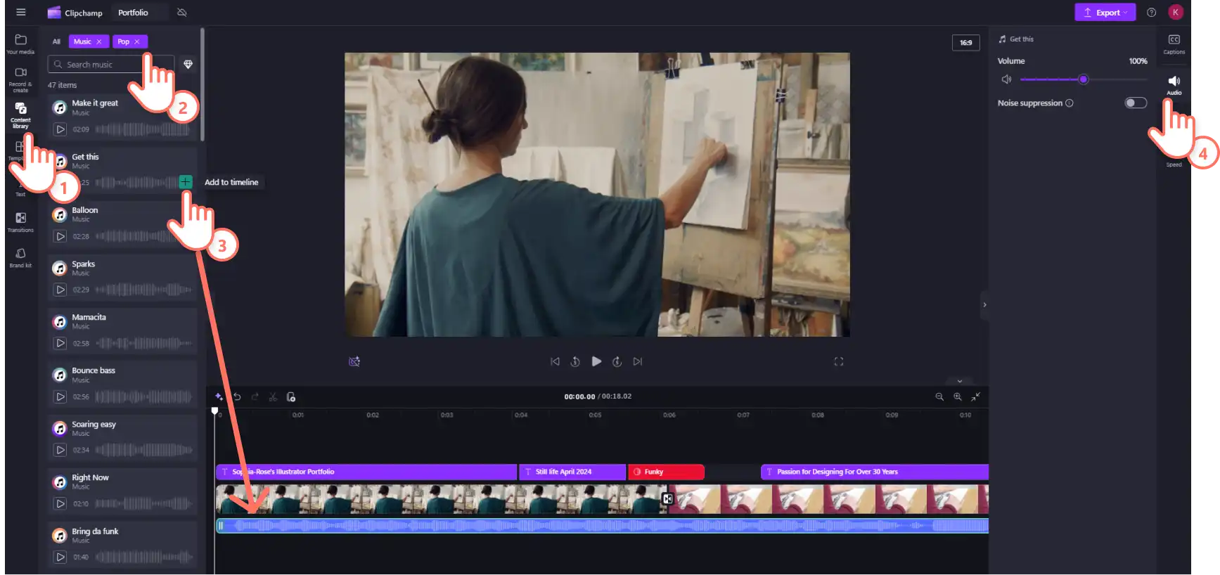 Video portföyüne müzik ekleyen bir Clipchamp kullanıcısı.
