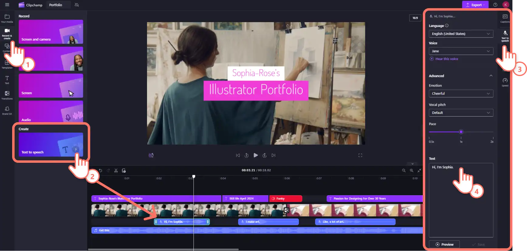 Video portföyüne metin okuma ekleyen bir Clipchamp kullanıcısı.
