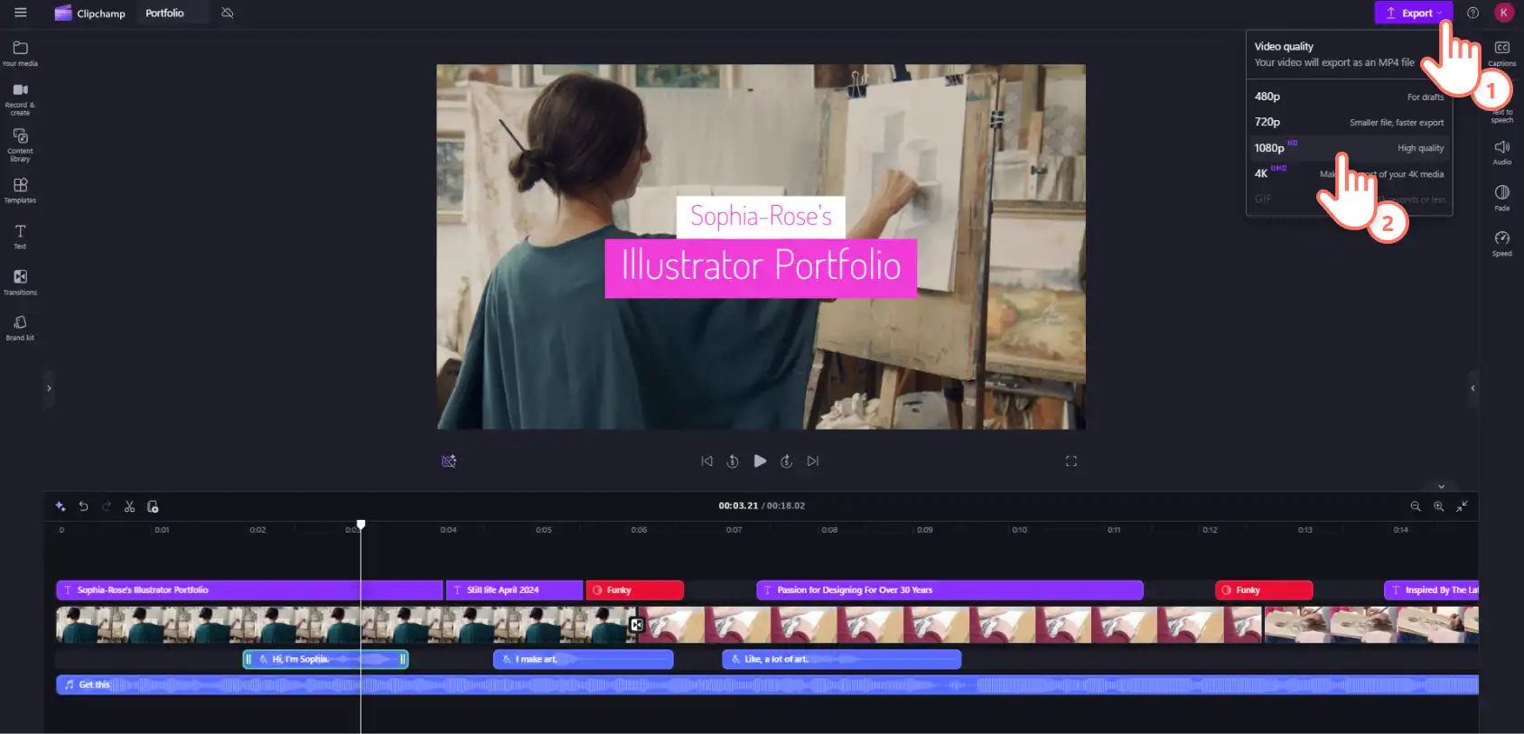 Videosunu 1080p HD çözünürlükte dışarı aktaran Clipchamp kullanıcısı.