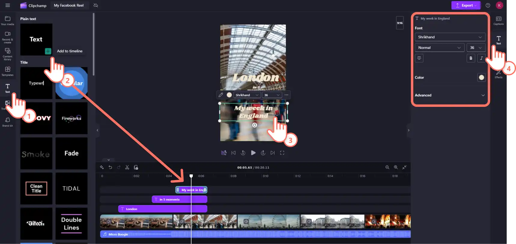TClipchampClipchamp'deki metni değiştiren bir kullanıcı.