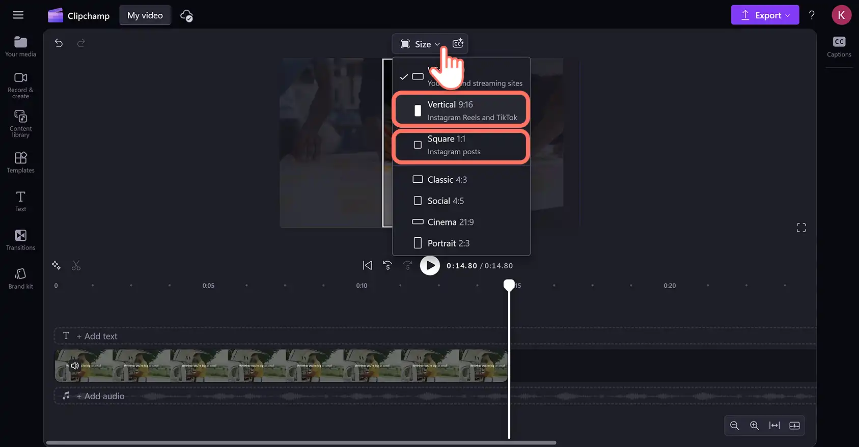 2048-24 Clipchamp video düzenleyicide Instagram için bir YouTube videosunu yeniden boyutlandıran bir kullanıcı.
